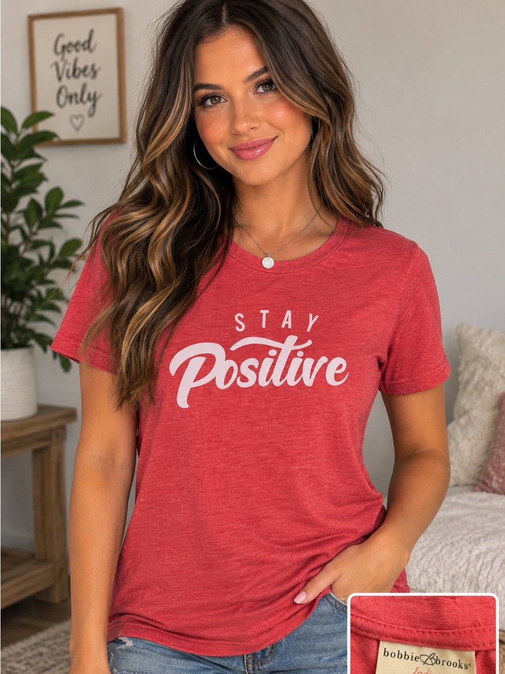 Bobbie Brooks Red 'Stay Positive' Short Sleeve Graphic Tee